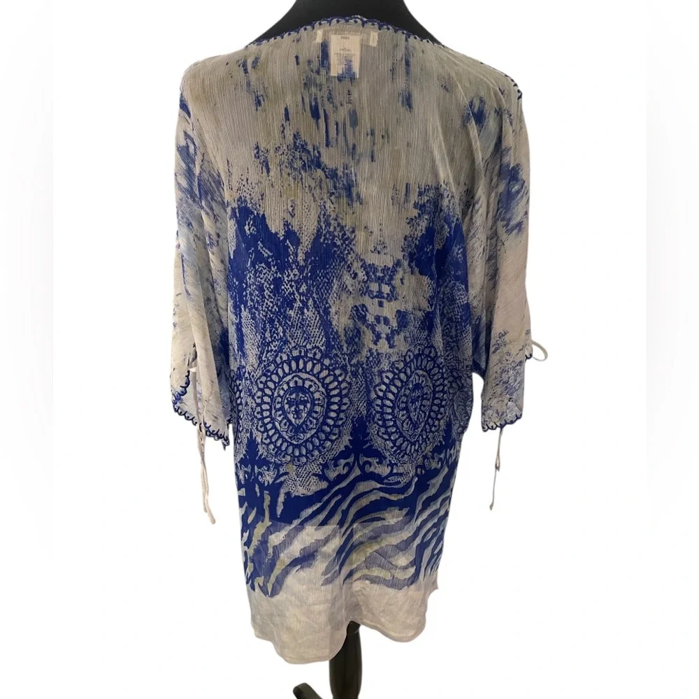 Arden B Blue and White, cream Swim Coverup, tunic, top,V-Neck, Small - Picture 2 of 7